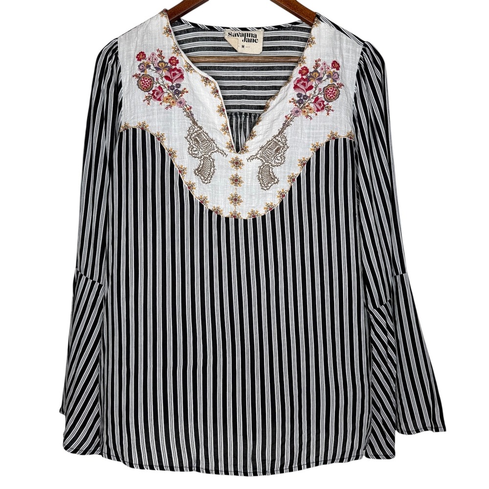Savanna Jane Striped‎ Straight Shooter Blouse Bell Sleeves Embroidered Sz M